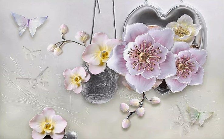 

Фотообои Walldeco Цветы, бабочки и металлическое сердце №dec_3098 Мелкий песок с блестками