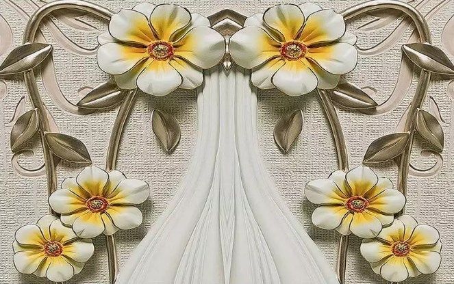 

Фотообои Walldeco 3d желто-белые цветы с серебряными листьями №dec_3054 Деко