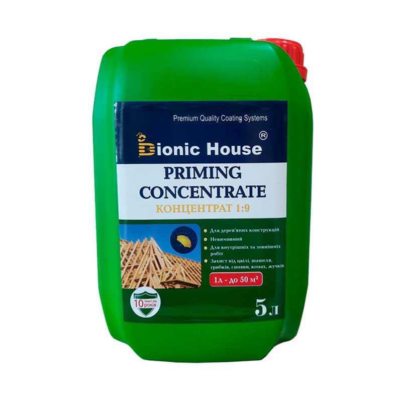 

>Priming Concentrate 1:9 Невымывной антисептик для деревянных стропильных систем Bionic-House 5л Бесцветный