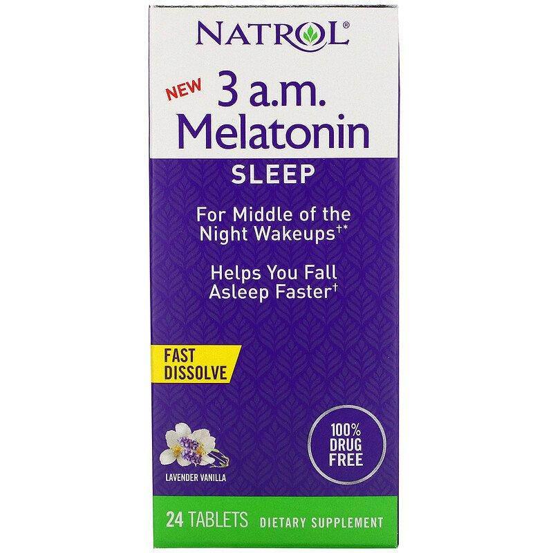 

Мелатонин Natrol "3 a.m. Melatonin Sleep" с L-теанином, вкус лаванды и ванили, 3 мг (24 жевательных таблетки)