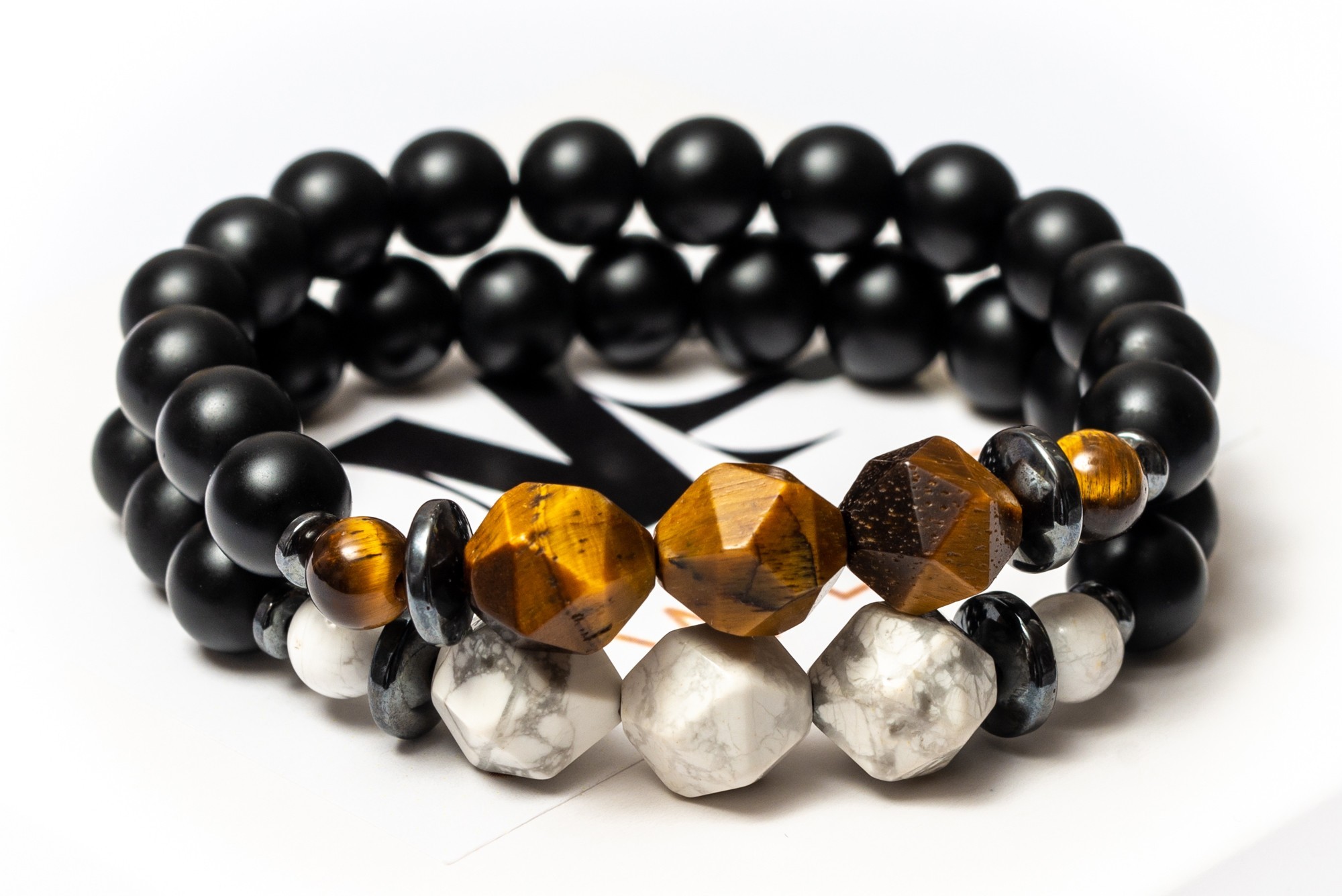 

Парные красивые браслеты DMS Jewelry женские из натуральных камней: шунгит, тигровый глаз, кахолонг PAIR TRIPLE POLYGON WHITE TIGER