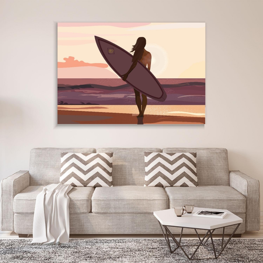

Картина на холсте Природа Girl With A Surfboard At Sunset 60х120 см.