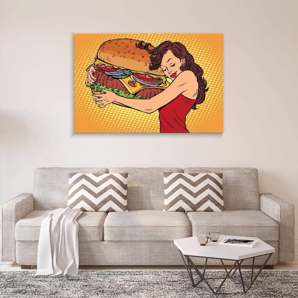 

Картина на холсте Для кухни Woman Hugging Burger 90х120 см.