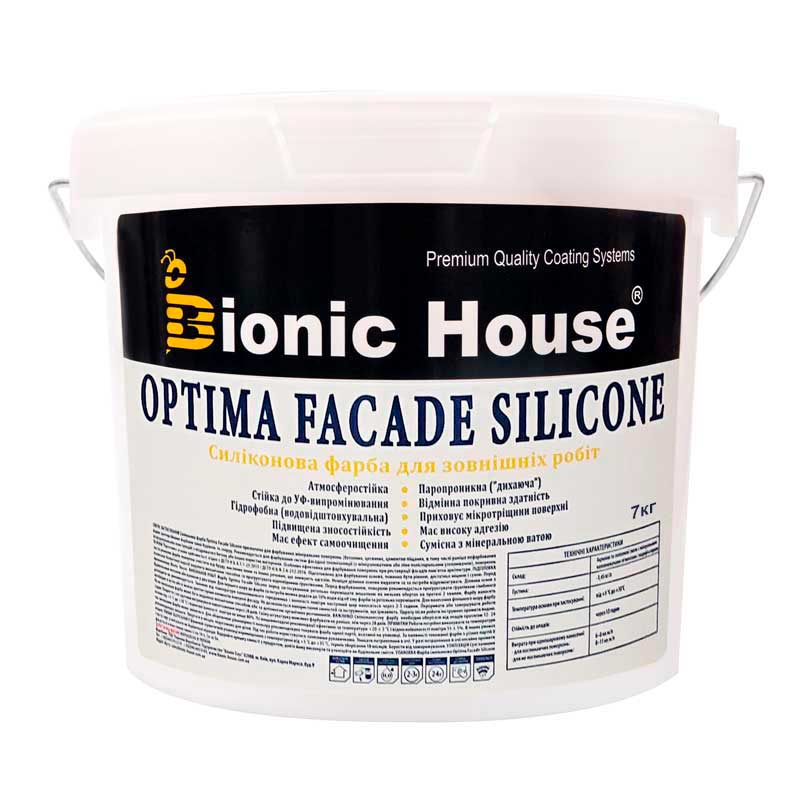 

Optima Facade Silicone - Износоустойчивая гидрофобная силикон-акриловая краска для минеральных фасадов Bionic-House 7кг Белая любой RAL оттенок под заказ