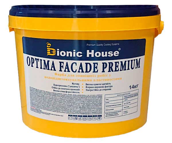 

Optima Facade Premium - Износоустойчивая гидрофобная акриловая краска для минеральных фасадов Bionic-House 14кг Белая любой RAL оттенок под заказ