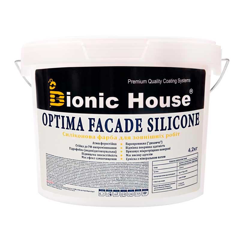 

Optima Facade Silicone - Износоустойчивая гидрофобная силикон-акриловая краска для минеральных фасадов Bionic-House 4,2кг Белая любой RAL оттенок под заказ