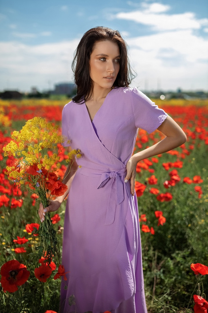 

Летнее миди-платье на запах "Стефания" с воланом Лиловый, 54/58