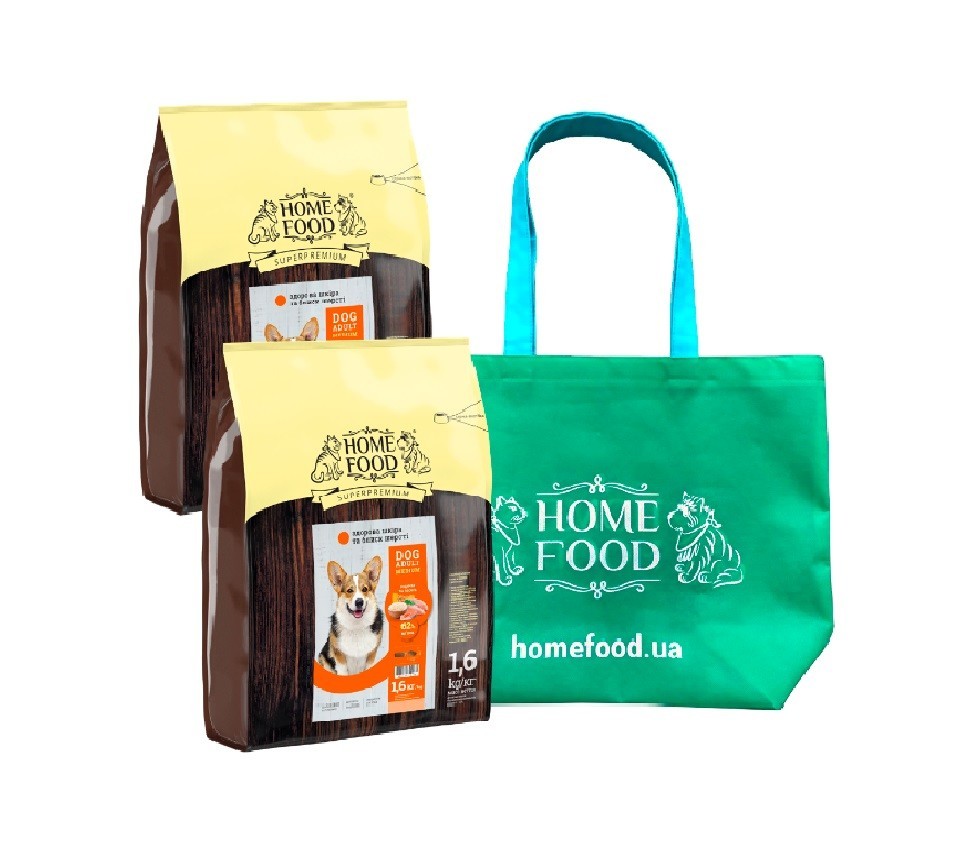 

Набор кормов HOME FOOD для взрослых собак средних пород здоровая кожа и блеск шерсти Индейка и лосось 2 шт по 1,6 кг и сумка
