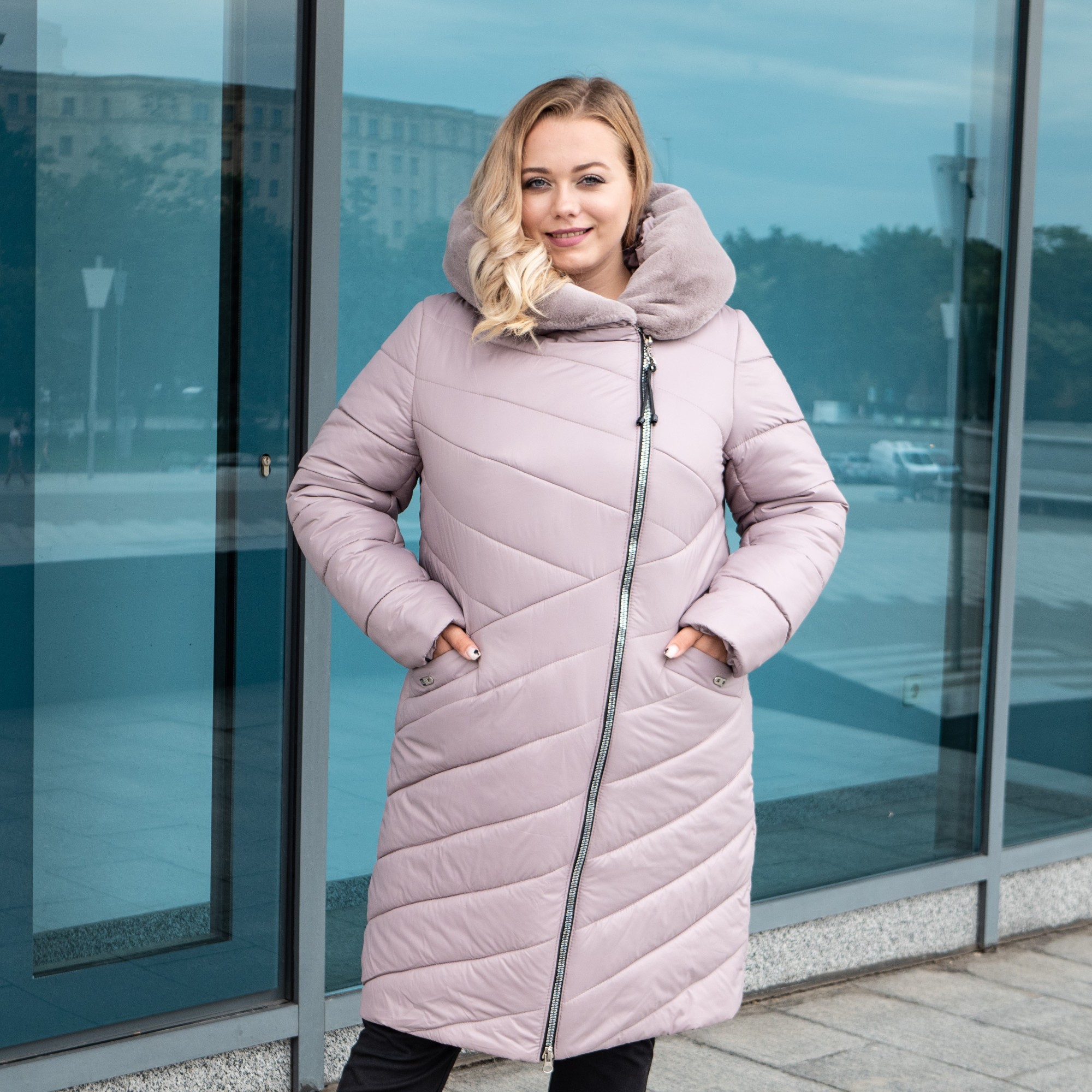 

Зимняя женская куртка большого размера UF-Fashion Сиена кролик -ad 58 пудровый