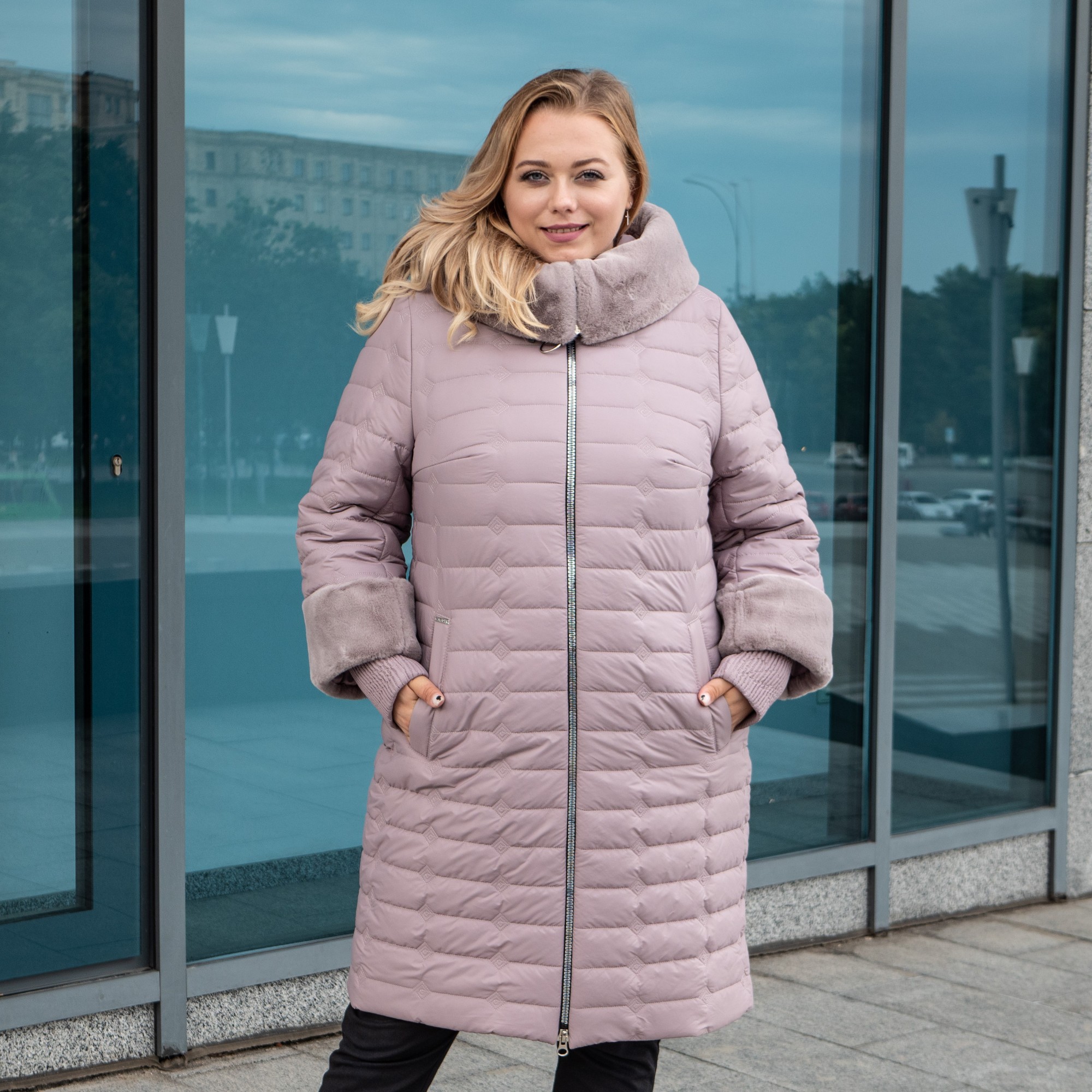 

Зимняя женская куртка большого размера UF-Fashion Ева -ad 56 пудровый