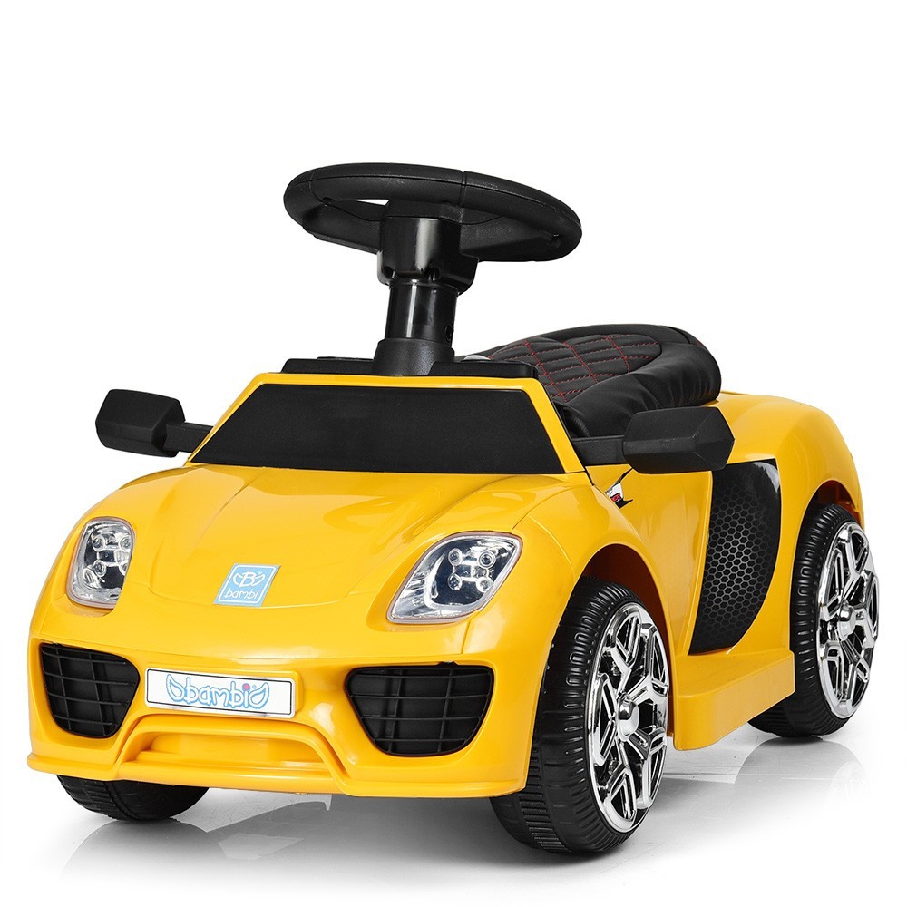 

Детский Электромобиль каталка толокар с родительской ручкой Porshe желтый Bambi