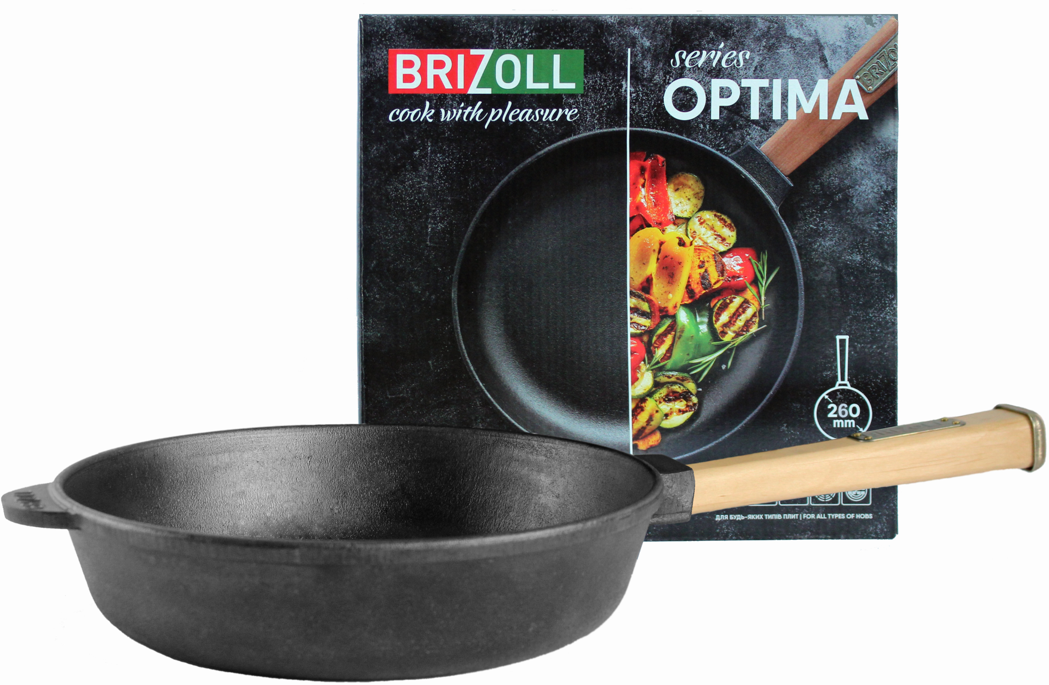 

Cковорода Brizoll Optima чугунная с ручкой 260х60 мм (O2660-P)