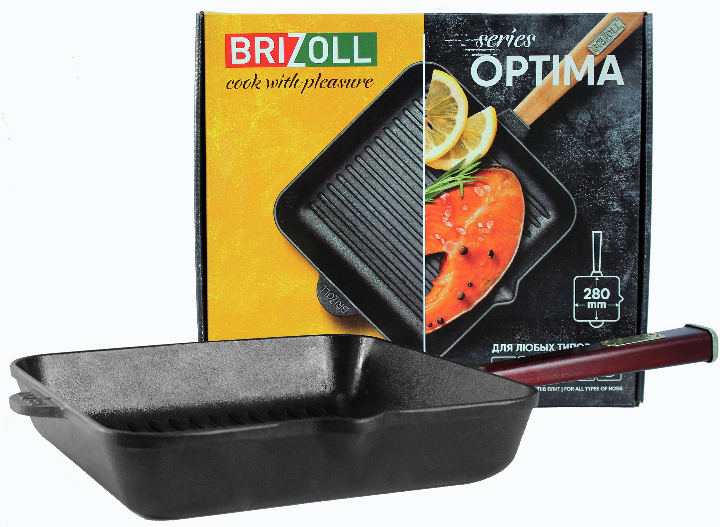 

Сковорода-гриль Brizoll Optima-Bordo квадратная с ручкой 280х28х50 мм (О282850G-P2)