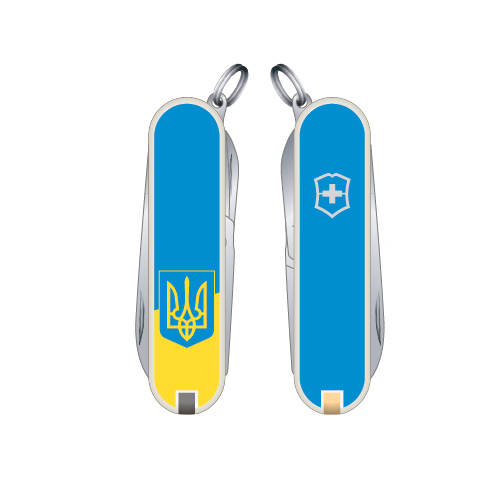

Складной нож Victorinox CLASSIC SD UKRAINE 58мм/1сл/7предм/бел /ножн /желт-голуб. с Гербом/голуб. Vx06223.7R3