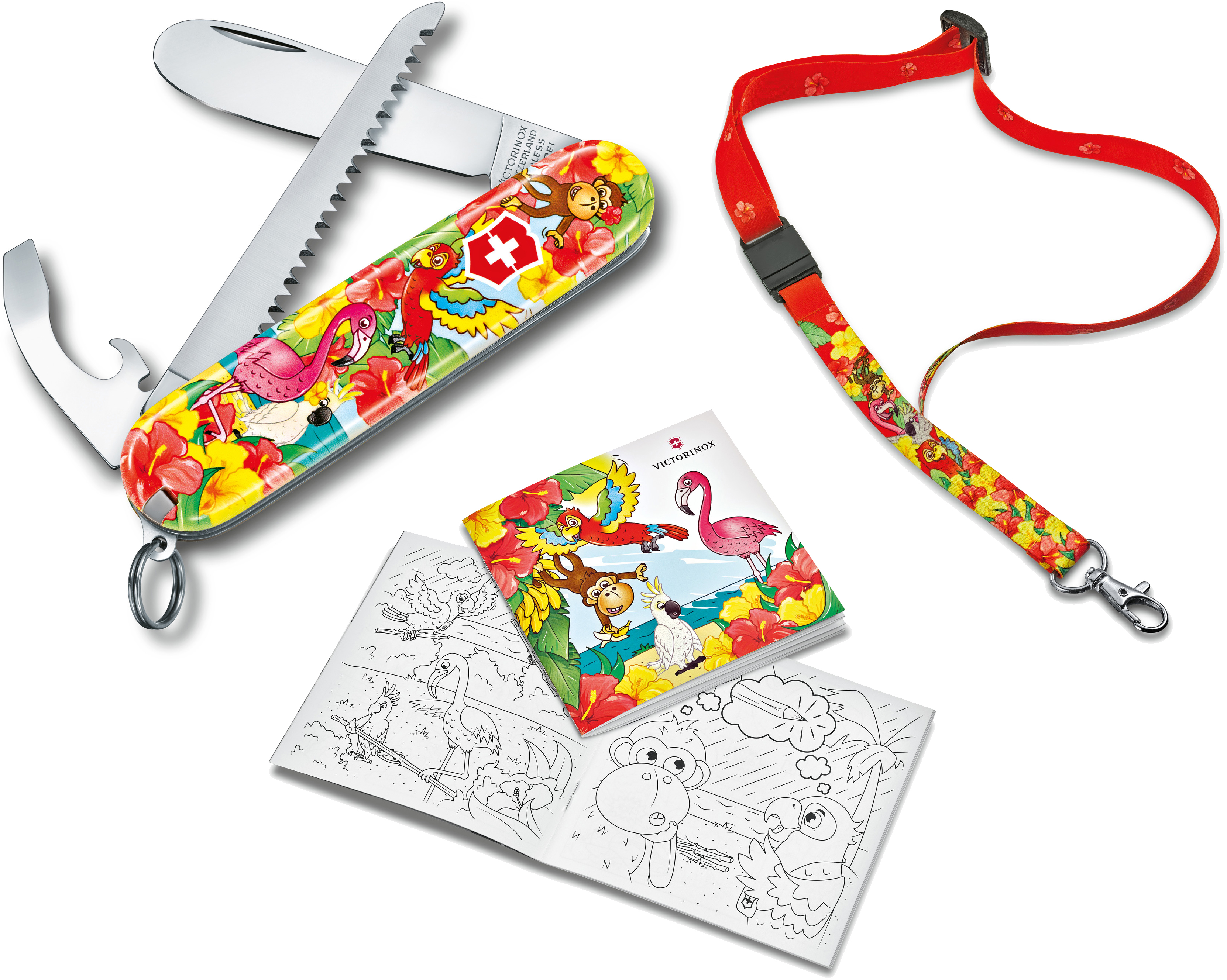 

Складной нож Victorinox MY FIRST Children Set Parrot 84мм/2сл/9функ/папугай /пила + шнур.на шею + книжка-раскраска Vx02373.E3