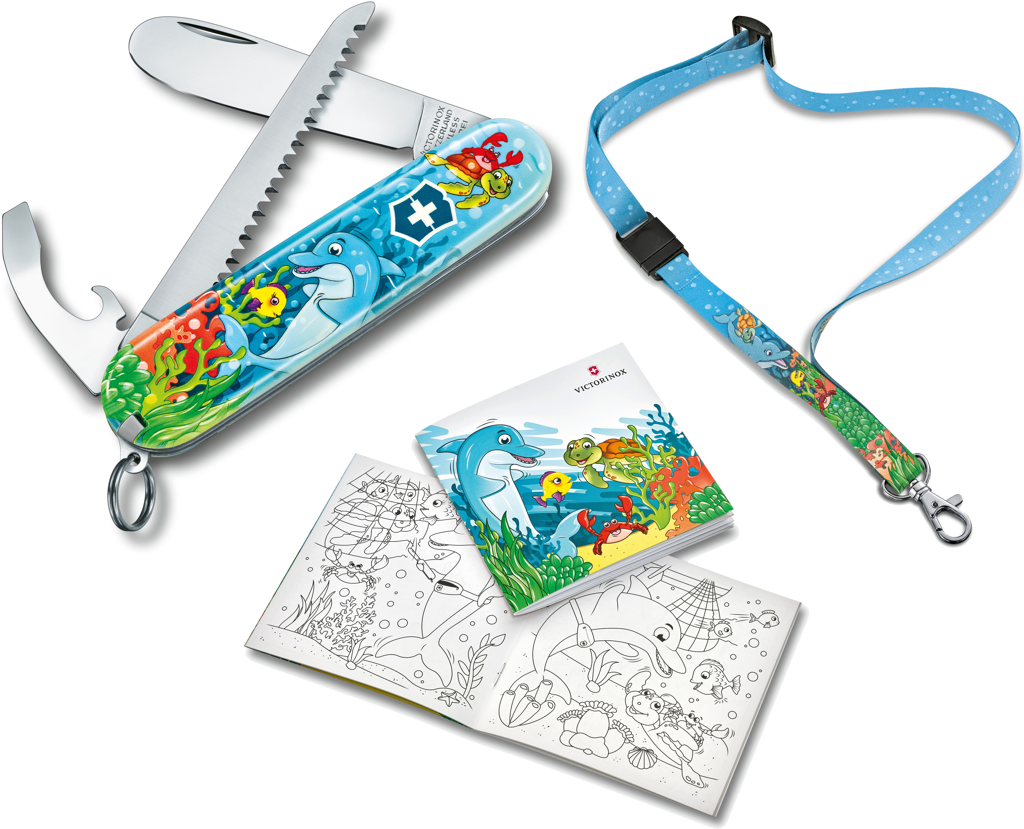 

Складной нож Victorinox MY FIRST Children Set Dolphin 84мм/2сл/9функ/дельфин /пила + шнур.на шею + книжка-раскраска Vx02373.E1