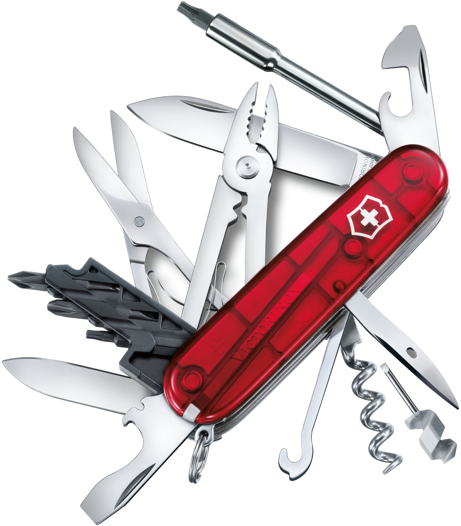 

Складной нож Victorinox CYBERTOOL M 91мм/34функ/крас.прозр /штоп/ножн/плоск/отверт2/биты/ручка/миниотверт Vx17725.T