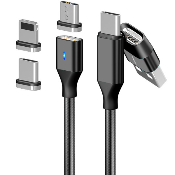 

Магнитный кабель для телефона с коннекторами micro usb, lightning, type-c 3 в 1 Magnetic Cable, черный нейлон