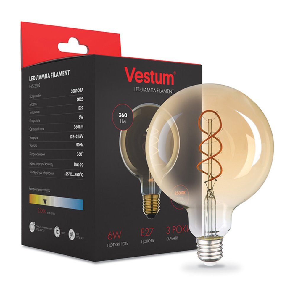 

Лампа LED Vestum филамент "винтаж" golden twist G125 Е27 6Вт 220V 2500К