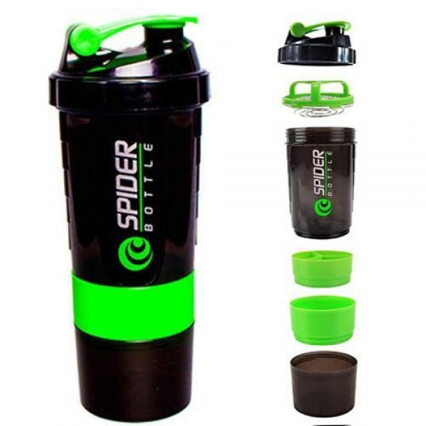 

Шейкер Spider Bottle Pro Black Style двухкамерный трехсекционный с защитой от протекания 500 мл для спортивного питания c зелёной клик-клипсой