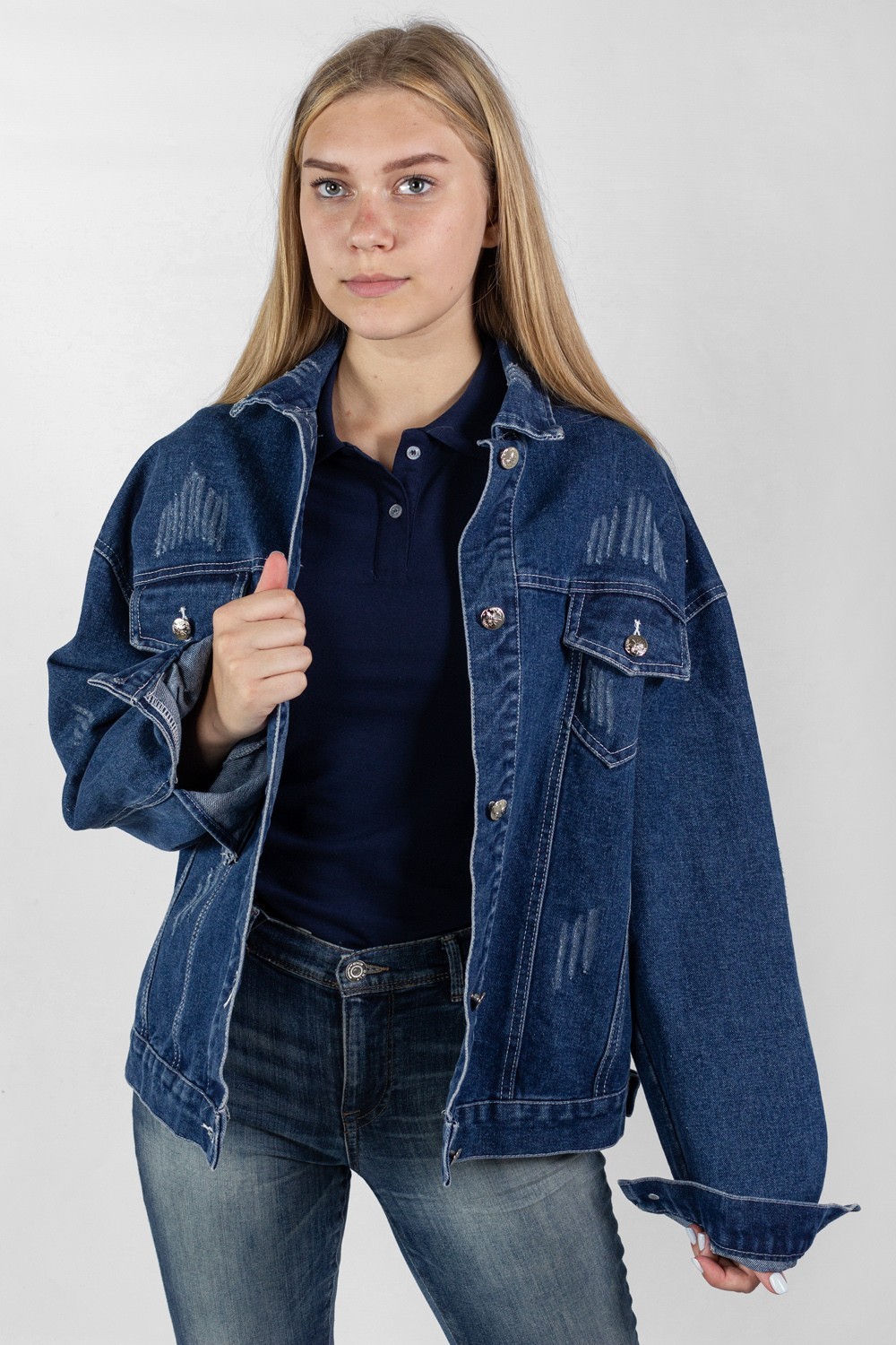 

Женская джинсовая куртка Stella Milani синяя oversize 277