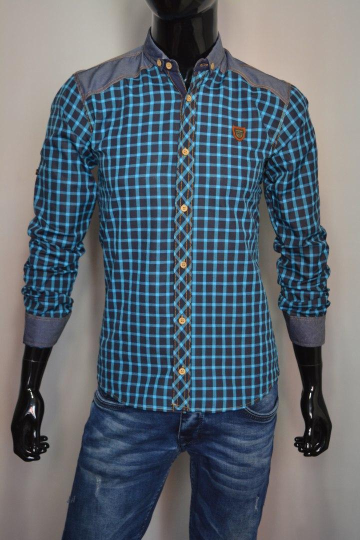 

Мужская рубашка с джинсовыми вставками DressCode Турция S бирюзовая в клетку 2077