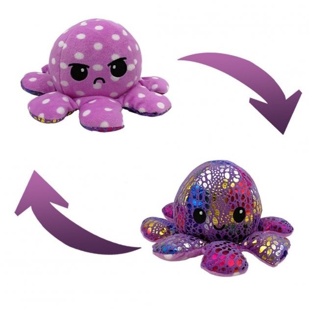 

Мягкая игрушка осьминог перевертыш Octopus антистресс Веселый и Грустный блестящий/в горох фиолетовый 1508-5