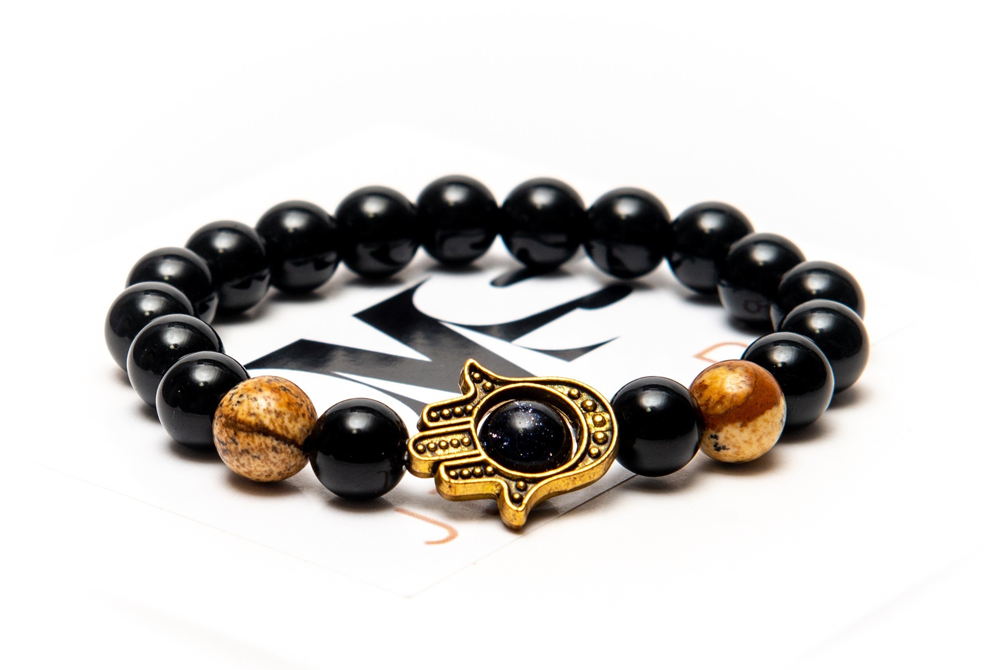 

Браслет DMS Jewelry мужской и женский с хамсой из натуральных камней Ø 8мм: черный агат, яшма, авантюрин POWER OF AGAT HAMS