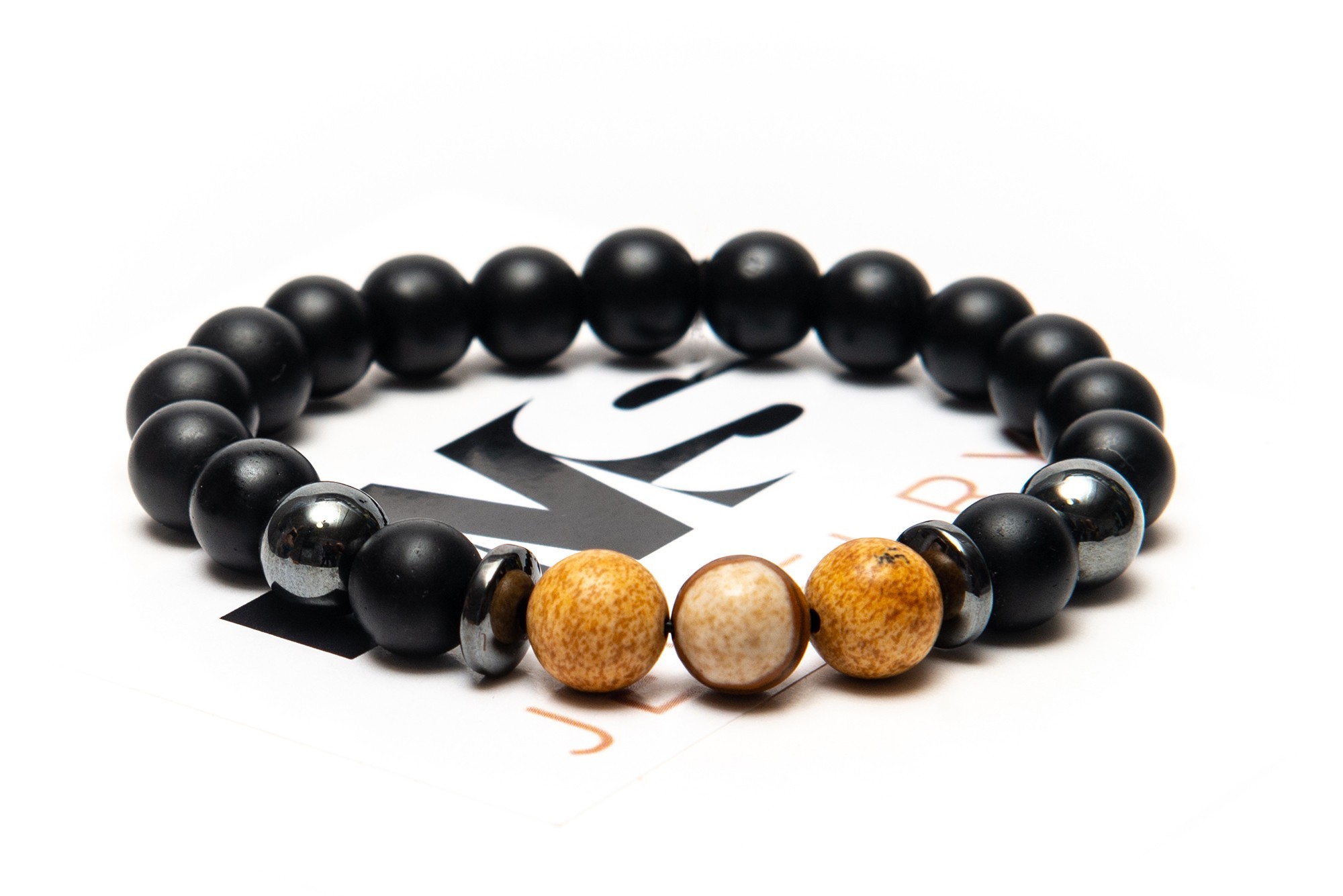

Браслет DMS Jewelry мужской и женский из натуральных камней Ø 8мм: шунгит, гематит (синт), яшма CONCENTRATION