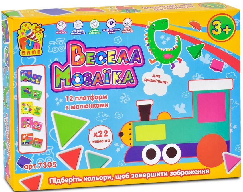 

Мозаїка 7305 Весела Мозаїка FUN GAME, 22 різнокольорових елемента, 12 платформ з малюнками, в коробці