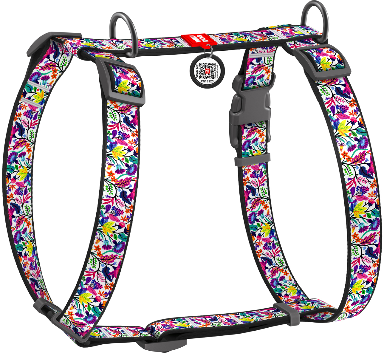 

Шлея для собак Collar анатомическая H-образная WAUDOG Nylon с QR-паспортом, пластиковый фастекс, S, Ш 15 мм, A 30-40, B 30-50 рисунок "Волшебные цветы" (5596)