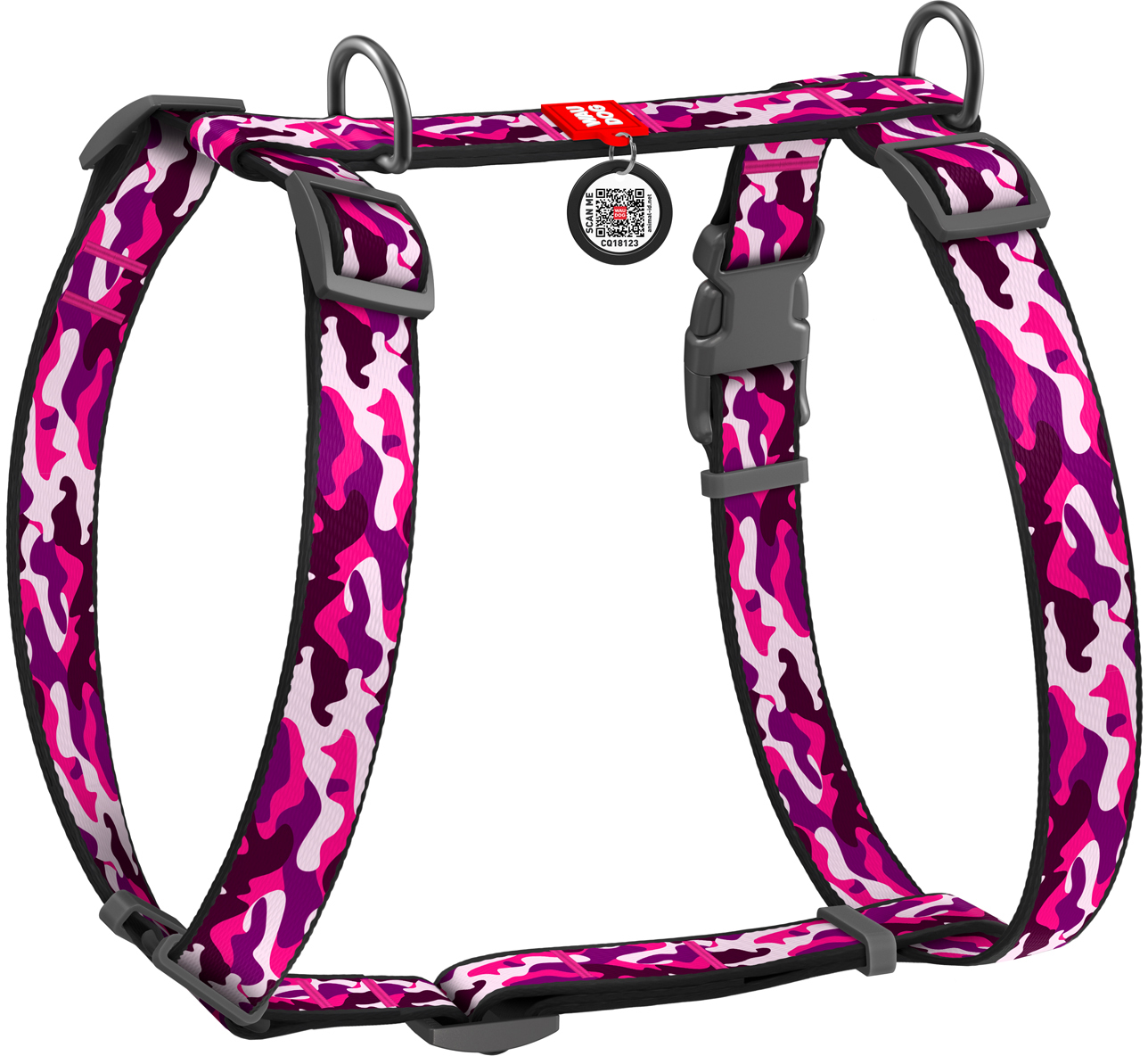

Шлея для собак Collar анатомическая H-образная WAUDOG Nylon с QR-паспортом, пластиковый фастекс, М, Ш 20 мм, А 40-70, В 50-80 рисунок "Розовый камо" (5527)