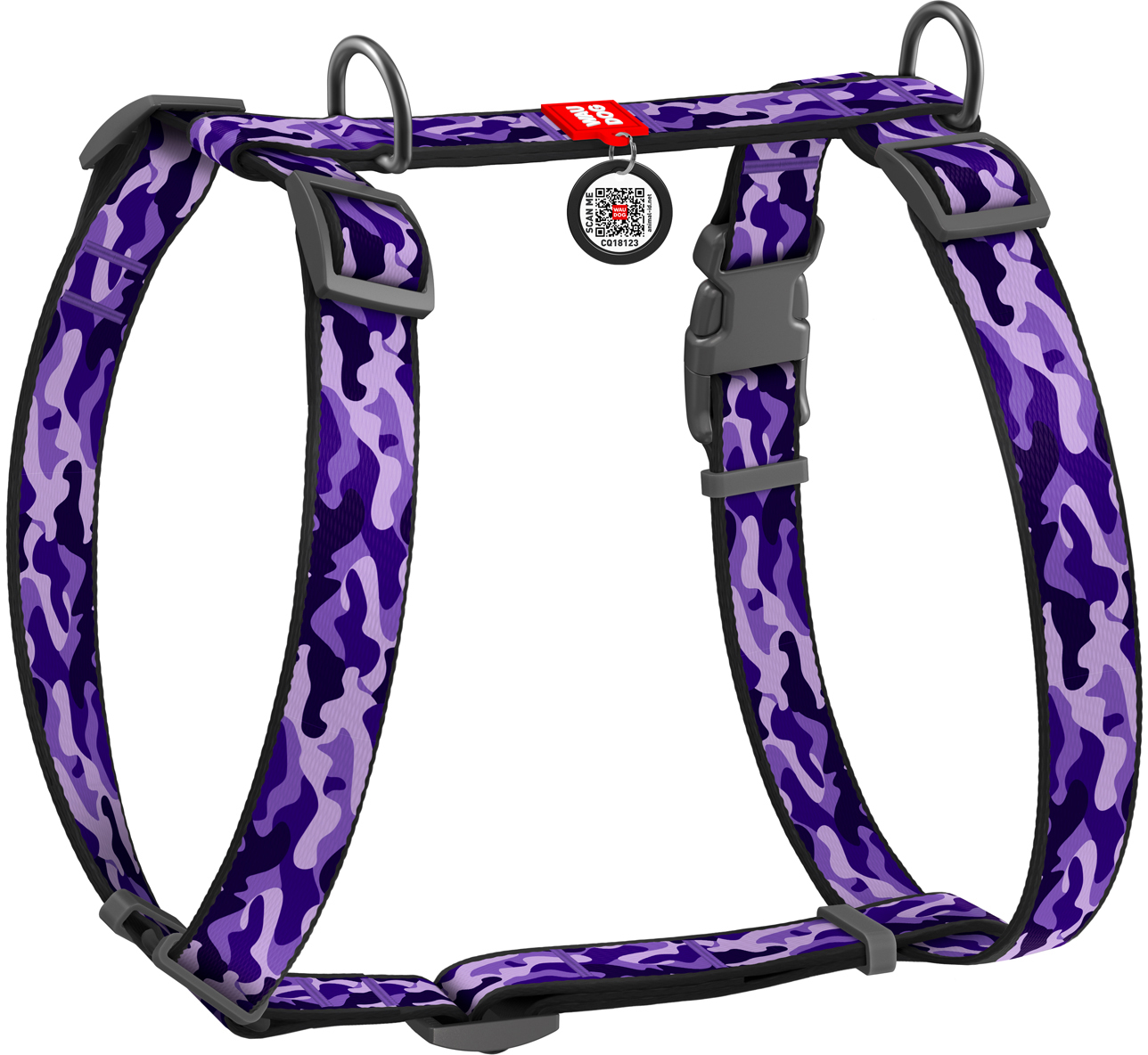 

Шлея для собак Collar анатомическая H-образная WAUDOG Nylon с QR-паспортом, пластиковый фастекс, М, Ш 20 мм, А 40-70, В 50-80 рисунок "Фиолетовый камо" (5530)