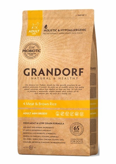 

Сухой корм Grandorf 4 Meat & Brown Rice Adult Mini Breeds для собак мини пород 4 вида мяса с бурым рисом 3 кг (5404009588036)