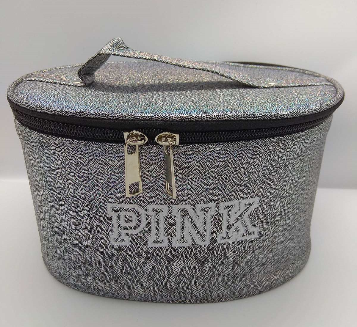 

Косметичка тканевая дорожная темно серая Pink с ручкой средняя 20 х15.5 х12 см