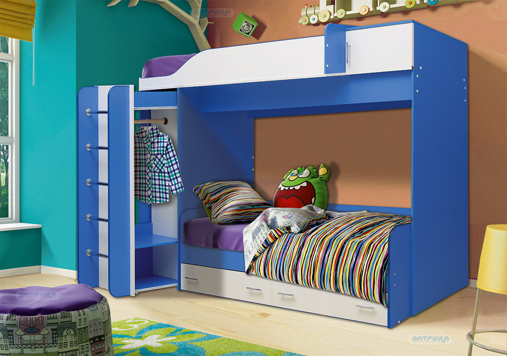 

Двухьярусная кровать KidsBunkBed K-052 синий дуб молочный 2454х1056х1850 мм