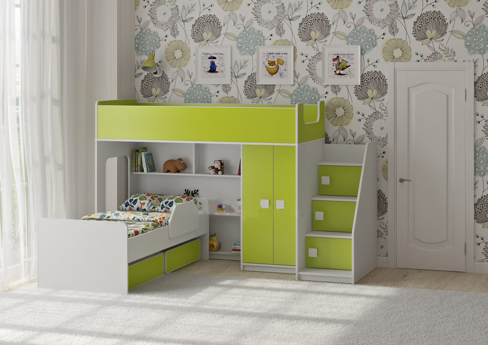 

Двухъярусная кровать KidsBunkBed K-068 белый лайм 2245 × 1762 × 1405 мм