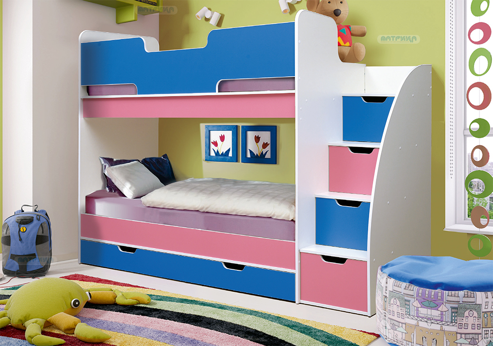 

Двухьярусная кровать KidsBunkBed K-051 белый синий розовый цвет 243x175x85 см