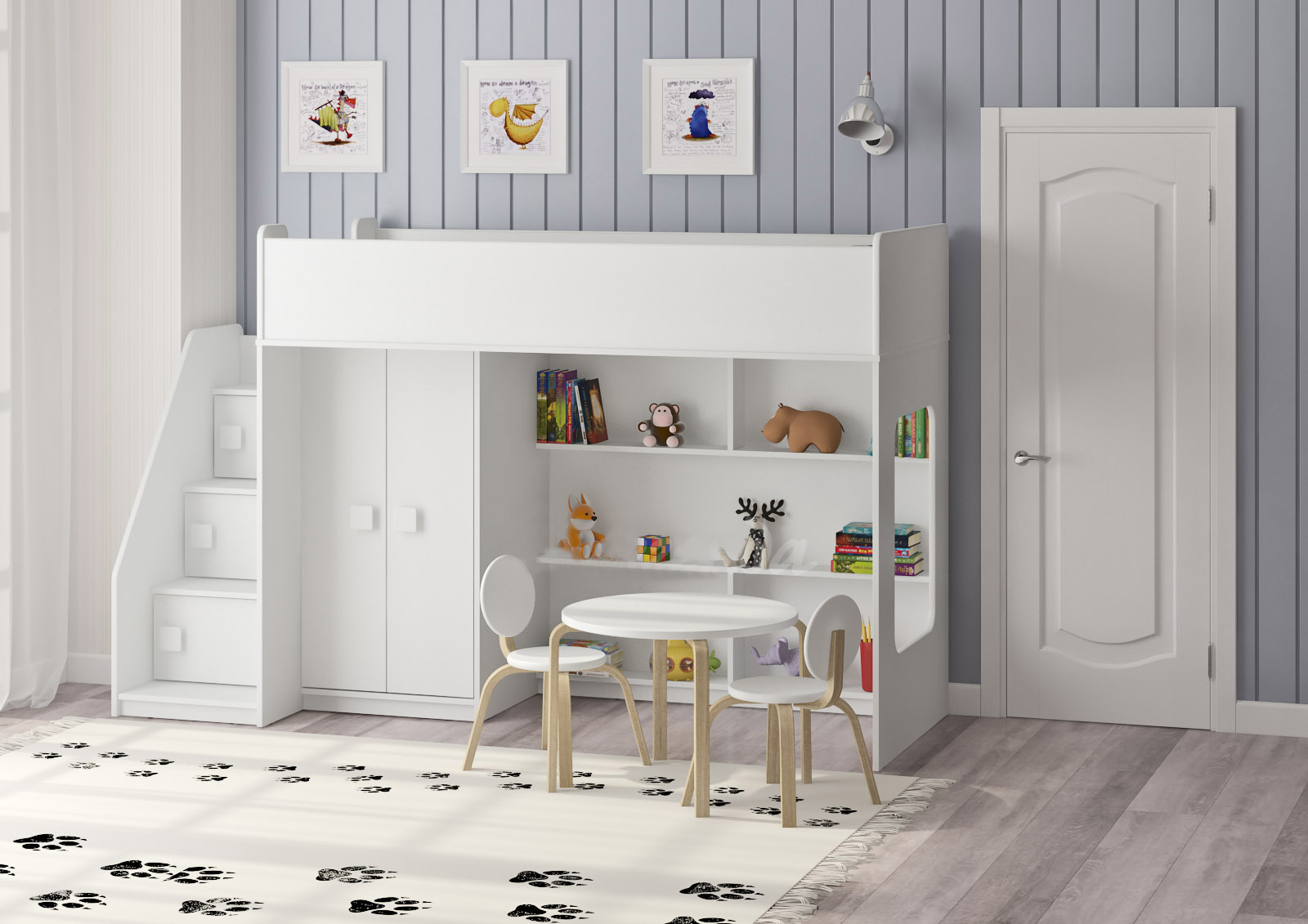 

Кровать-чердак KidsBunkBed K-047 белый розовый 2245 × 808 × 1405 мм