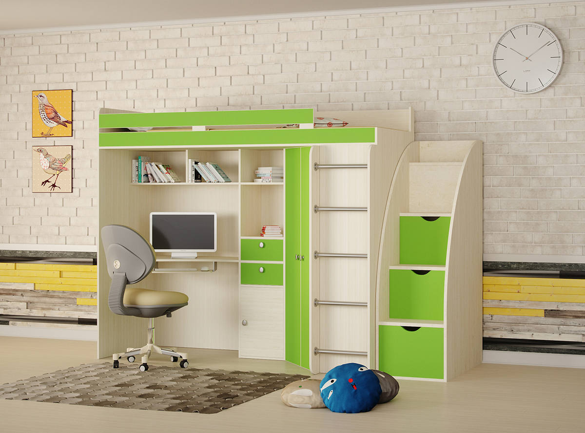

Кровать-чердак с рабочей зоной KidsBunkBed K-0227 дуб молочный лайм 2015x1855x840x1140 мм