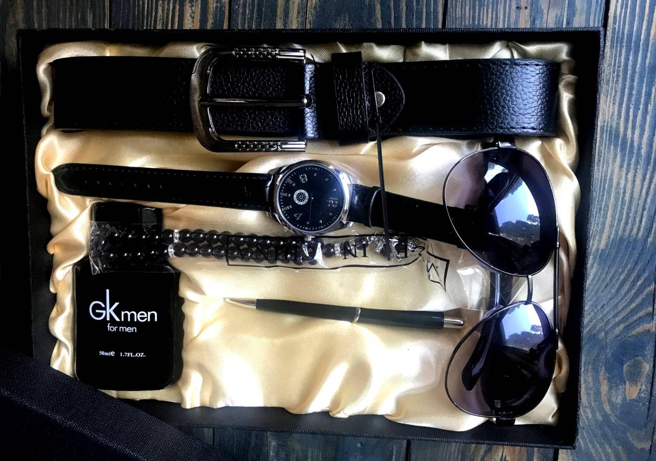 

Подарочный набор для мужчин в коробке 6в1 DM109329 (ремень + ручка + браслет + часы + духи + очки),Черный