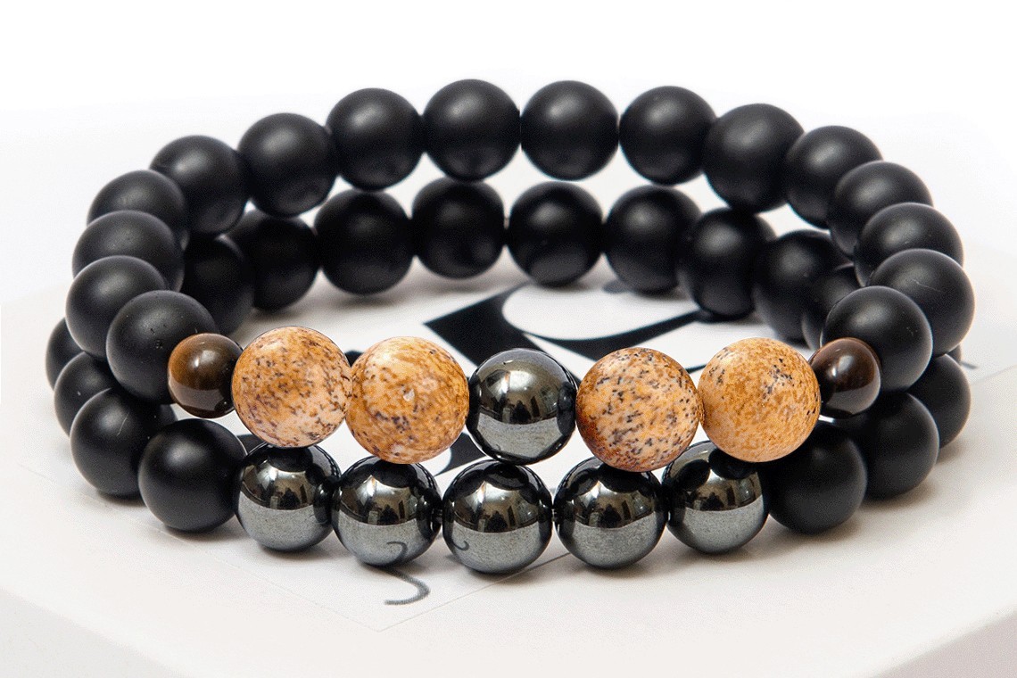 

Парный браслет мужской и женский DMS Jewelry из натуральных камней Ø 8мм: шунгит, гематит (синт.), пейзажная яшма, тигровый глаз POWER YELLOW