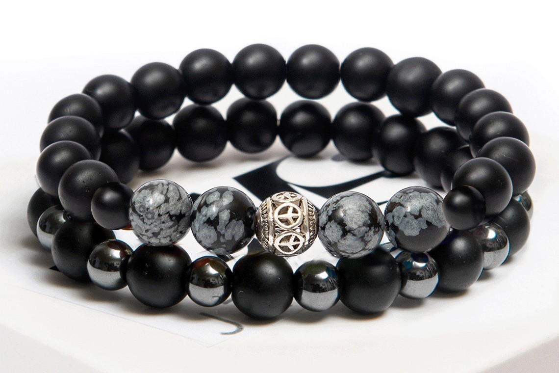 

Парный браслет мужской и женский DMS Jewelry из натуральных камней Ø 8мм: шунгит, гематит (синт.), снежный обсидиан GREY EYE