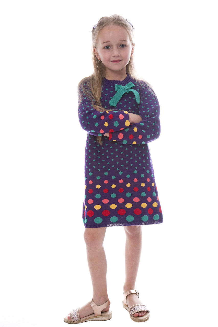 

Платье детское ДАЙС вязаное с длинным рукавом фиолетовое в горошки 10252459 рост 98