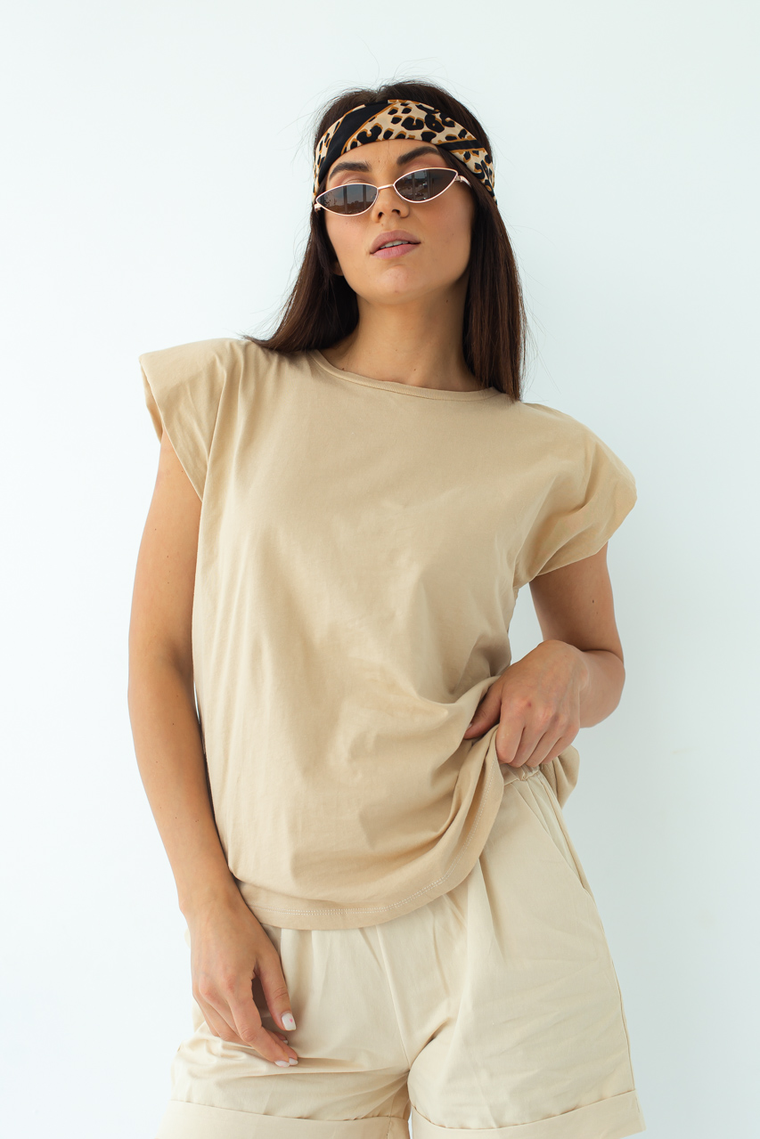 

Базовая однотонная футболка с акцентом на плечи CLEW WOMAN - бежевый цвет, L ( 1019722607)