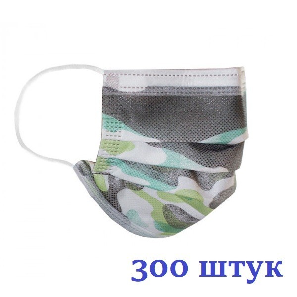 

Маски медицинские НЗМ Детские трехслойные не стерильные в индивидуальной упаковке Камуфляж с мельтблауном Украина высокое качество 300 шт