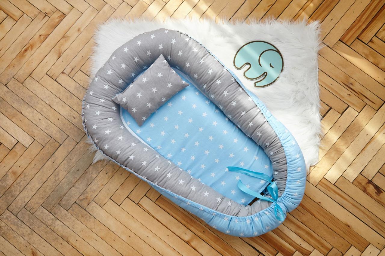

Кокон-гнездышко для новорожденных Добрый Сон Звёздочка с подушкой серо-голубой 5-02