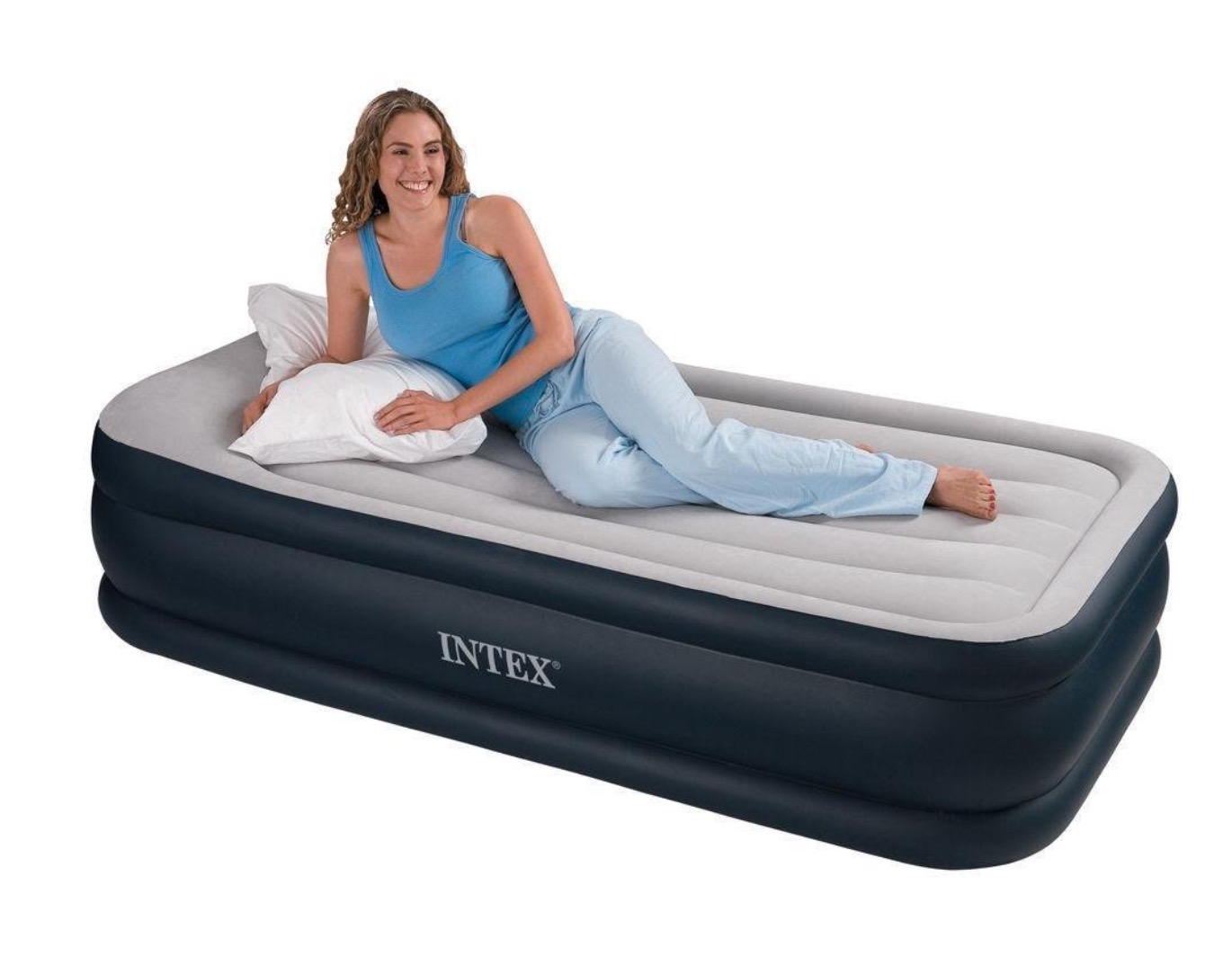 

Односпальная надувная кровать для дома Intex Pillow Rest Raised Bed со встроенным электронасосом Серая 99х191х42 см (IP-168352)