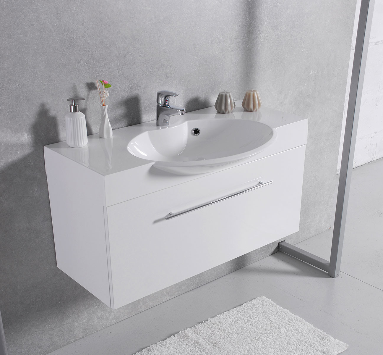 

Тумба Fancy Marble Sumatra 1 подвесная белая с умывальником Carme 80 см