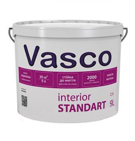 

Краска Vasco Interior STANDART ( Васко Интериор СТАНДАРТ ) 9 л акриловая, водоразбавляемая, матовая, для интерьера